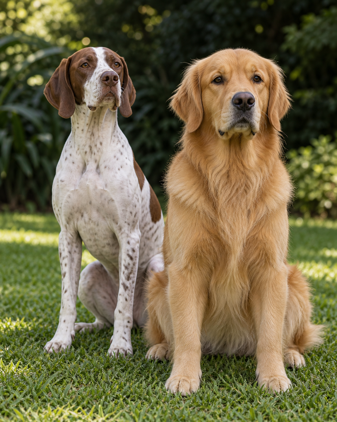 Golden Retriever e Pointer Inglês em um jardim