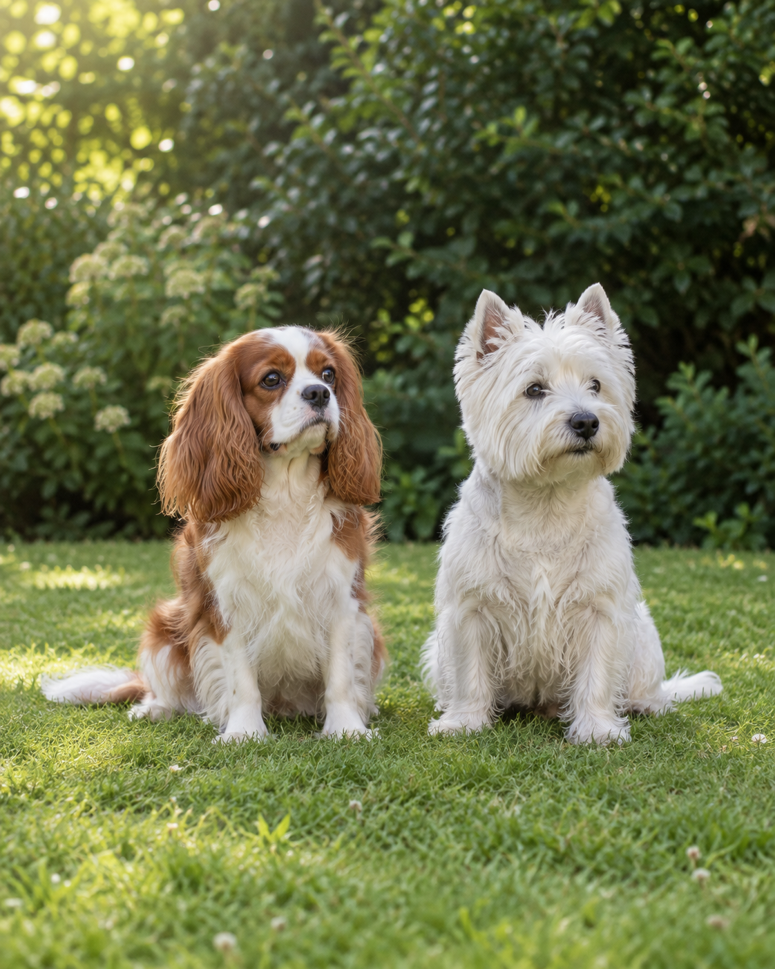 Golden Retriever e Pointer Inglês em um jardim