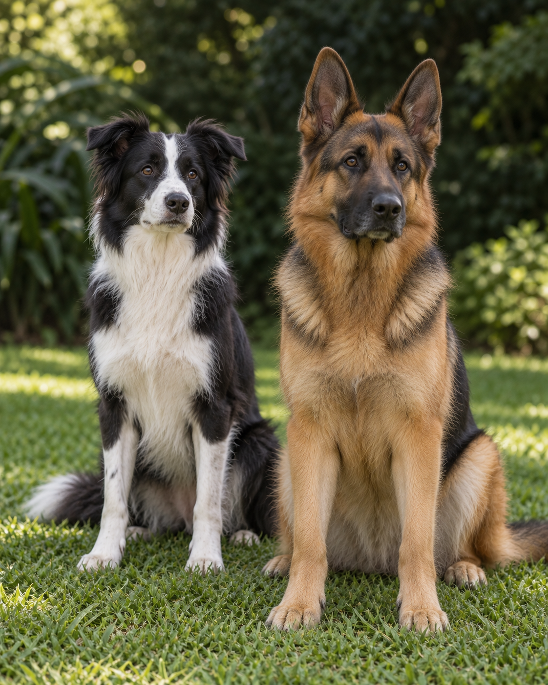 Golden Retriever e Pointer Inglês em um jardim