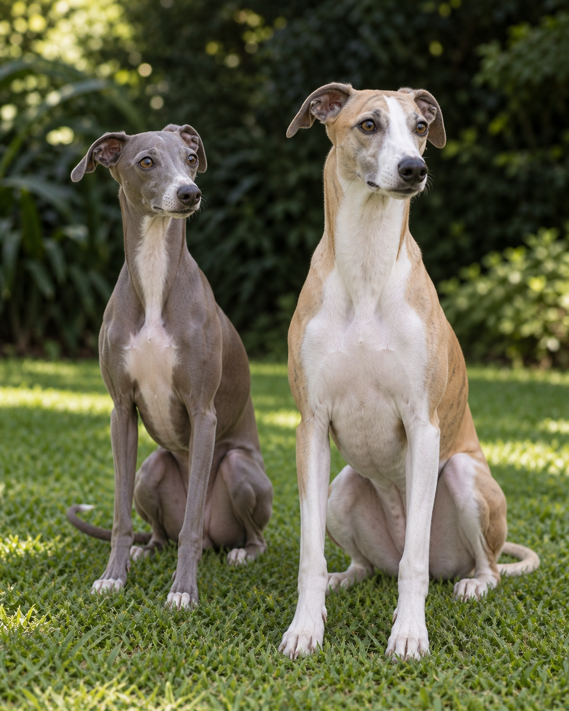 Golden Retriever e Pointer Inglês em um jardim